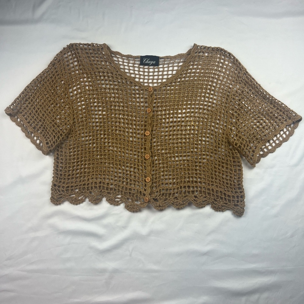 Chaya Crochet Open-Weave Button Front Crop Top cardigan - Brown